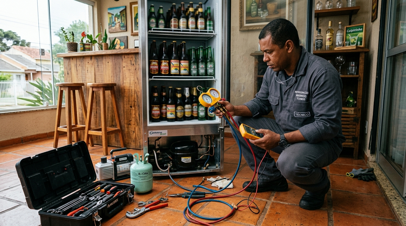 Profissional executando reparo no motor de cervejeira no Guanandi, Campo Grande‑MS