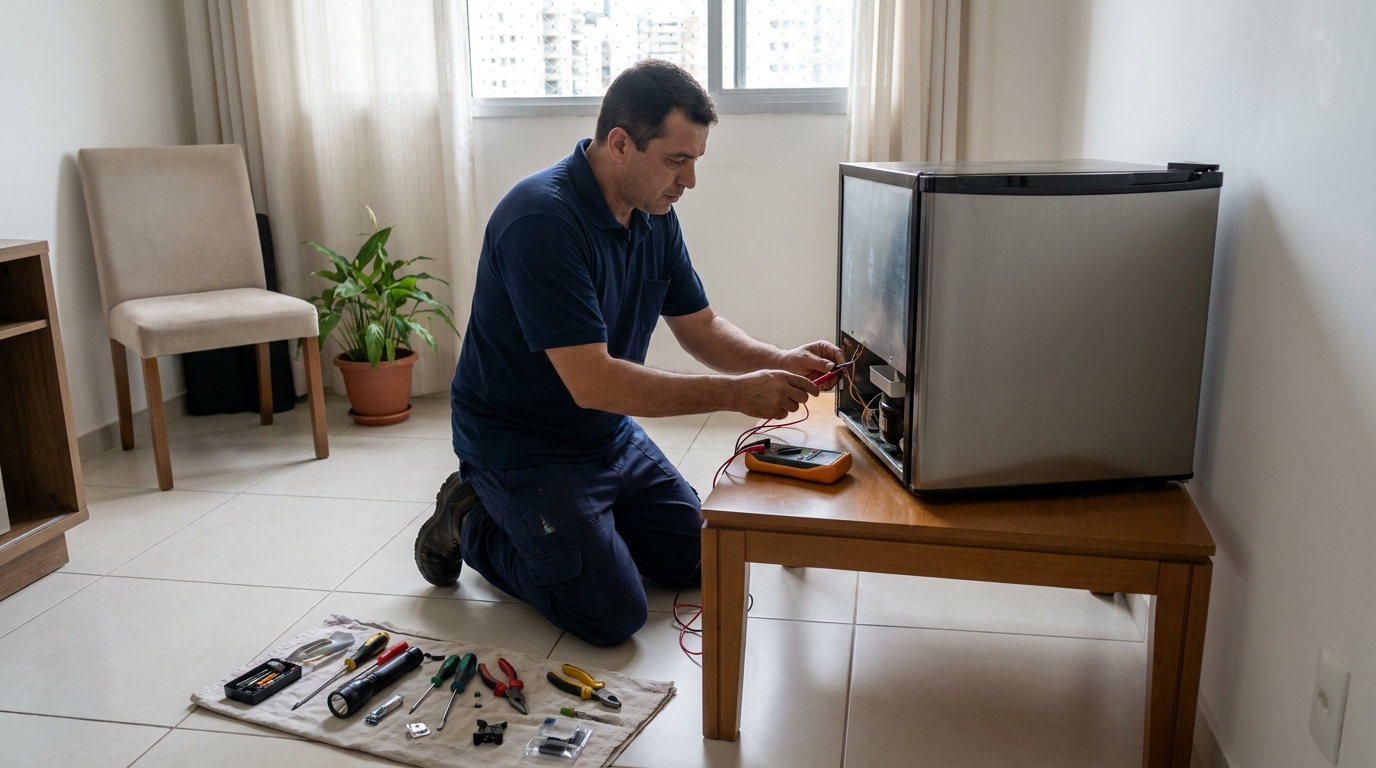 Técnico fazendo manutenção do motor de frigobar em Campo Grande‑MS