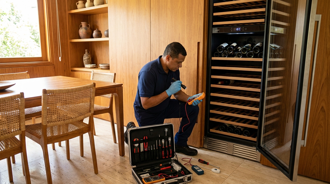 Substituição de termostato em adega climatizada em visita técnica no Guanandi II, Campo Grande‑MS