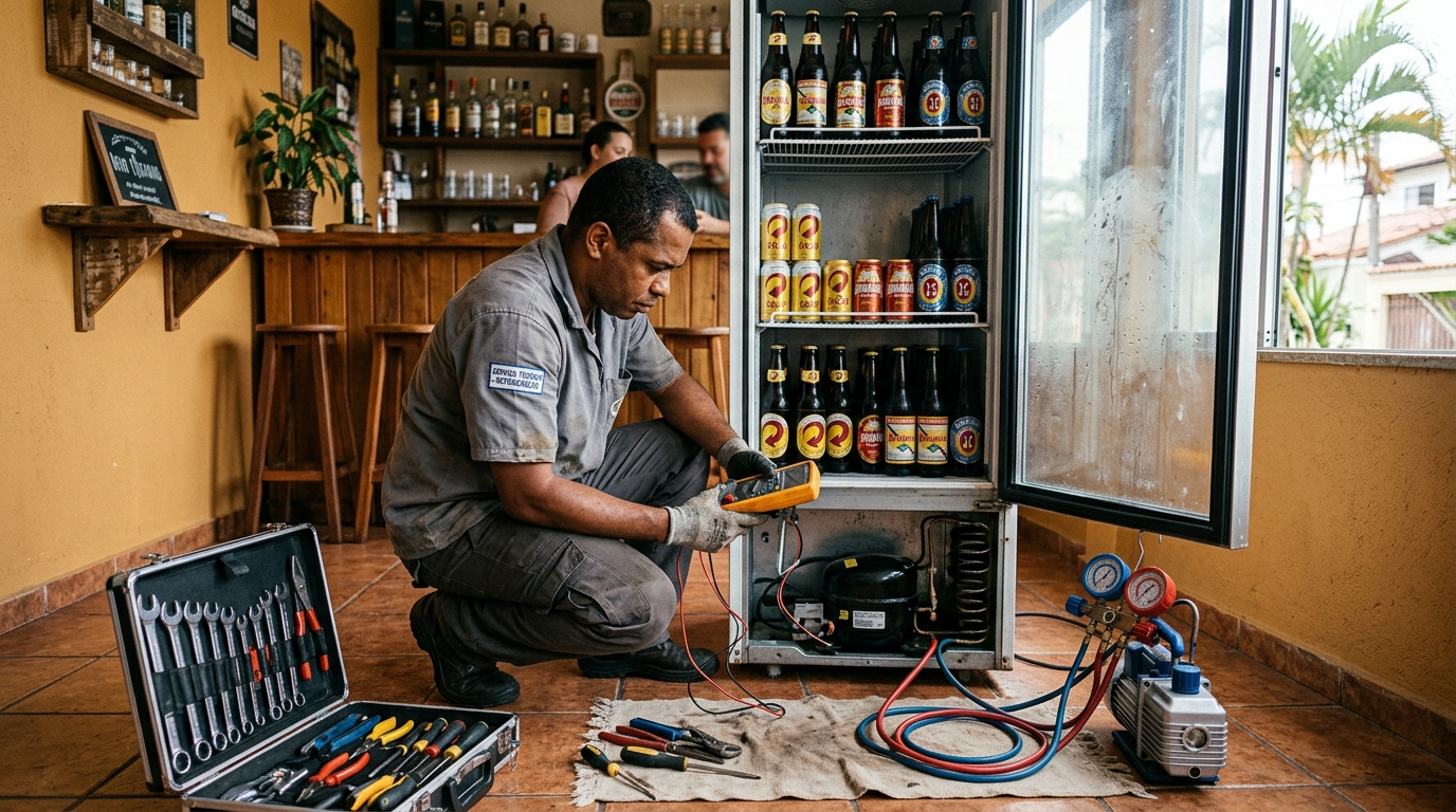 Substituição de termostato de cervejeira em serviço técnico no Guanandi, Campo Grande‑MS